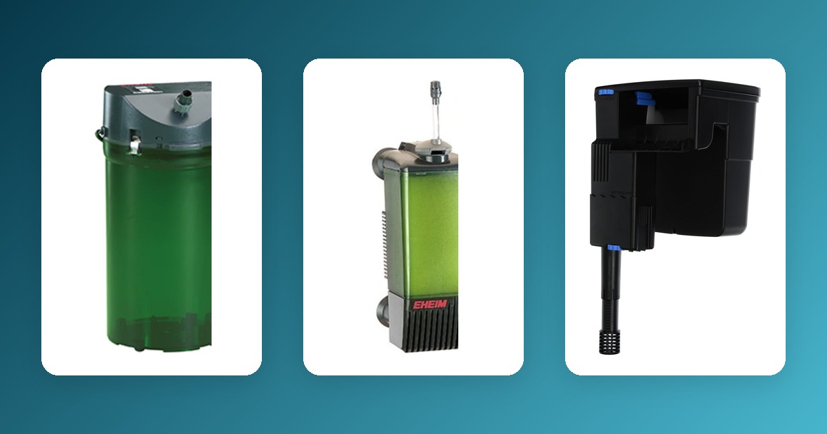 What Size Aquarium Filter Do You Need? A Turnover-Rate Guide for Every Tank Size Aquarium filter turnover-rate guide: canister, internal, and HOB filters on a teal-to-aqua gradient background