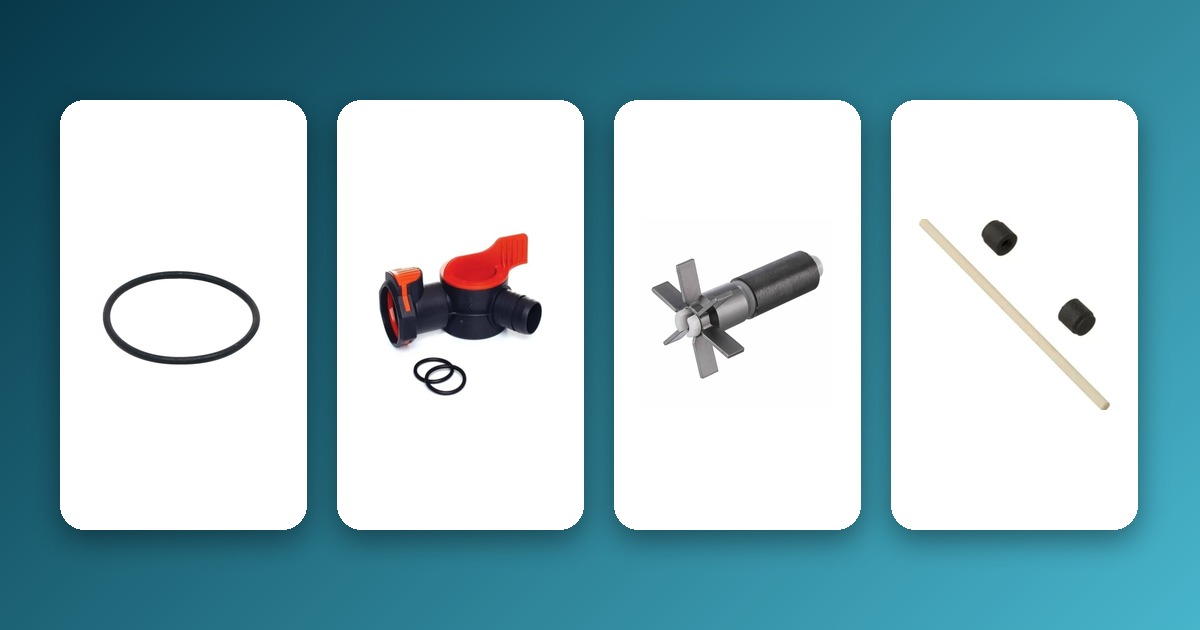 Common Aquarium Filter Problems: Noisy, Leaking, or Weak Flow (Troubleshooting Guide) Aquarium filter spare parts: motor seal ring, AquaStop valve, impeller, and shaft, on a gradient background