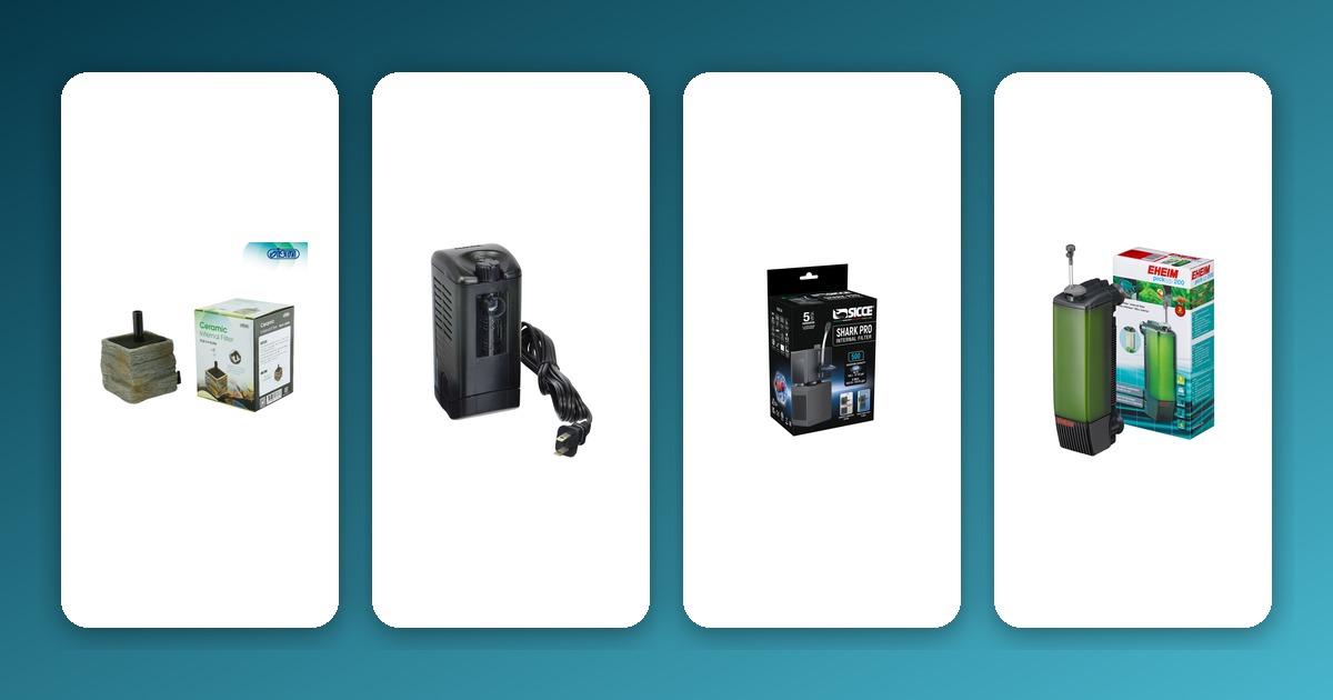 Top Factors to Consider Before Buying an Aquarium Filtration System Gradient background with ISTA Ceramic Internal Filter, Fluval U1, Sicce Shark Pro 500, and Eheim Pick Up 200 internal filters on white cards