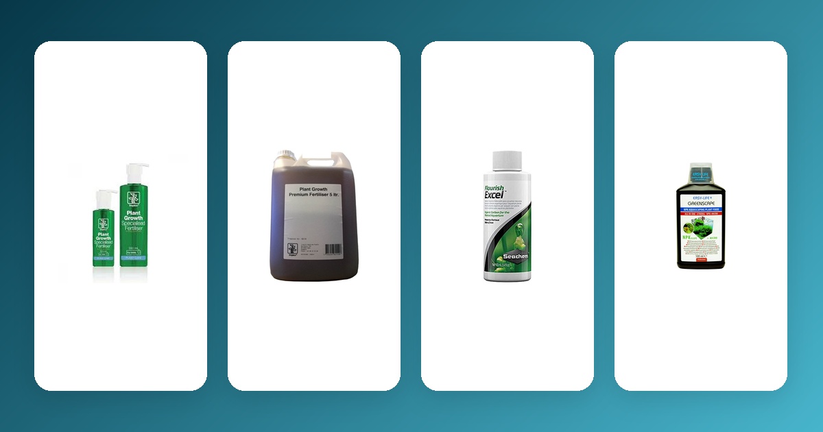 Best Aquarium Fertilizers 2026: Compare IndieFur & Backwater Aquatics Tropica Specialised Fertiliser, Tropica Premium Fertiliser, Seachem Flourish Excel and Easy Life GreenScape on a teal gradient background