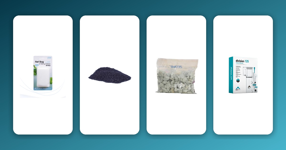 What is the Best Filter Media for a Saltwater Aquarium? Gradient background with ISTA Net Bag, Korallen-Zucht Activated Carbon, Korallen-Zucht ZEOvit XL, and Aquavitro Division 125 protein skimmer on white cards