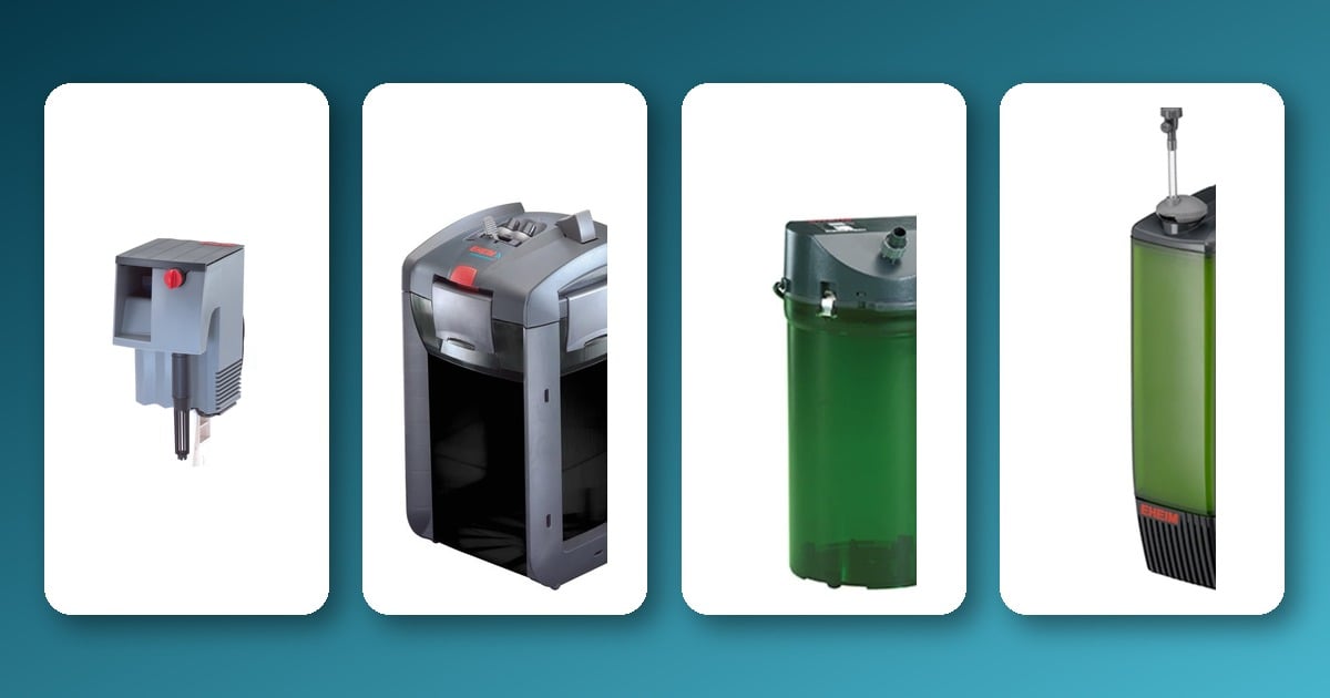 The Complete EHEIM Filter Range Guide: Classic, professionel, LiBERTY & Pick Up EHEIM LiBERTY, professionel 5e, Classic 250 and Pick Up internal filters on a teal gradient background