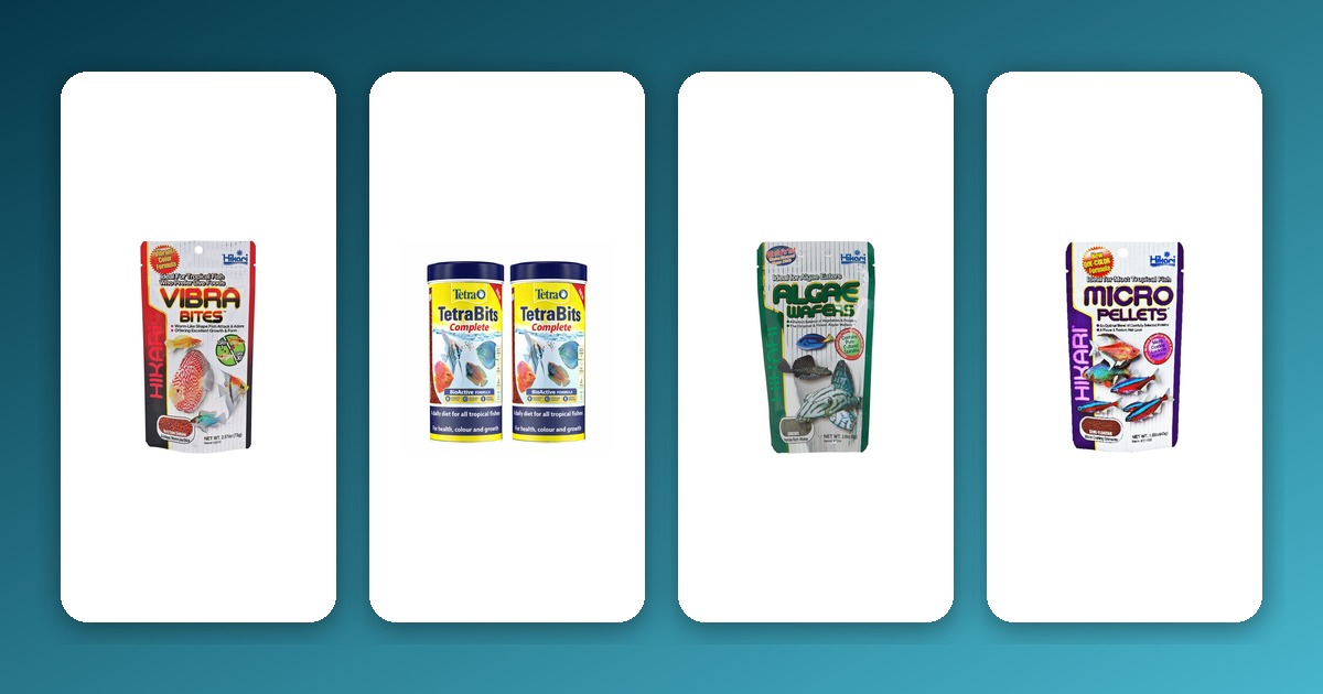 Gradient background with Hikari Vibra Bites, Tetra Bits Complete, Hikari Algae Wafers, and Hikari Micro Pellets fish food packaging on white cards