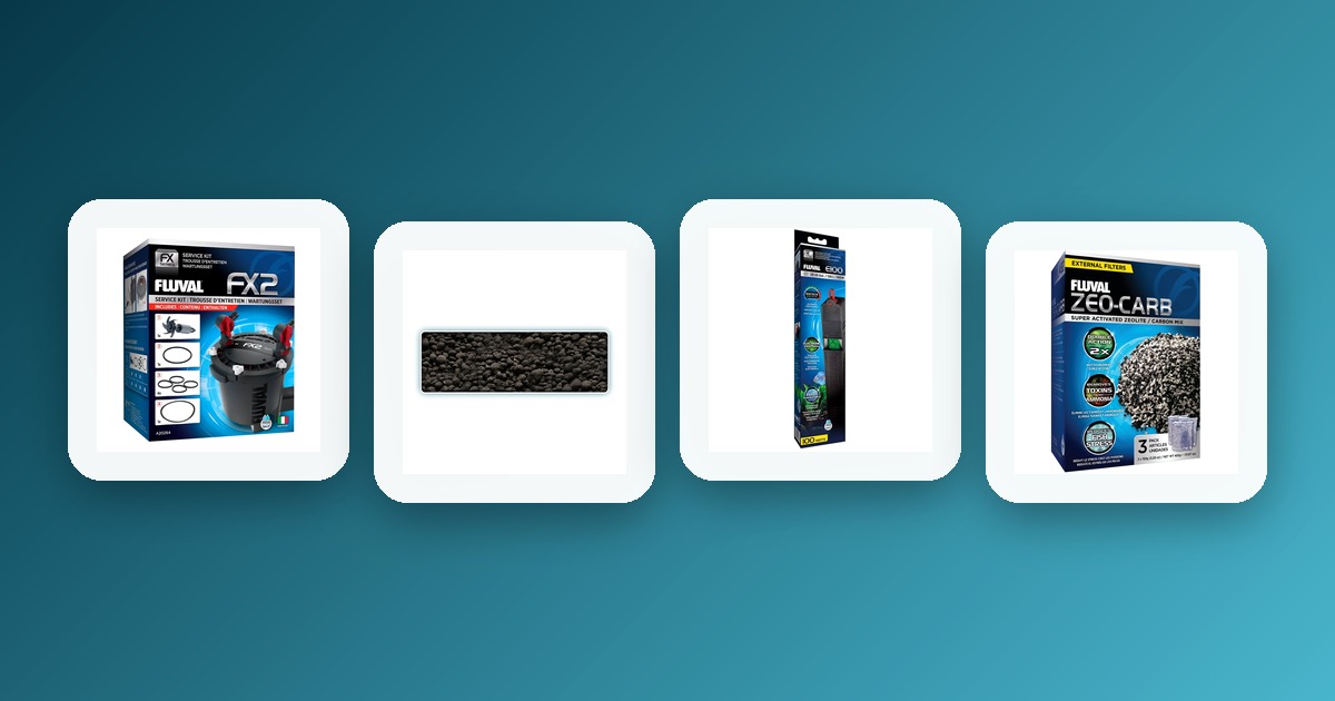 Fluval equipment including FX2 Service Kit, Fluval Bio Stratum Plant Soil, Fluval E Heater, and Fluval Zeo-Carb