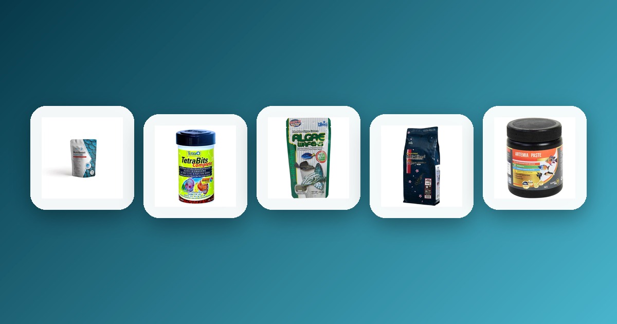 Freshwater fish food products including DiscusX Nutriboost, Tetra Bits Complete, Hikari Tropical Algae Wafers, Saki-Hikari, and Teraa Artemia Paste