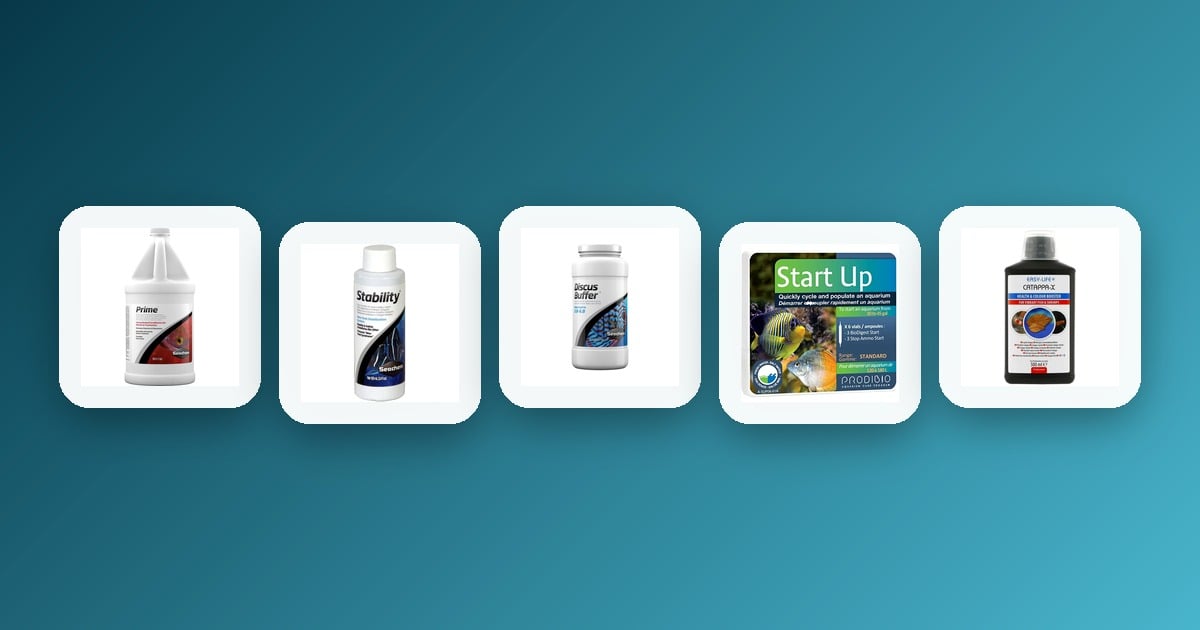 Freshwater water conditioner products including Seachem Prime, Seachem Stability, Seachem Discus Buffer, ProdiBio Start Up, and Easy Life Catappa-X