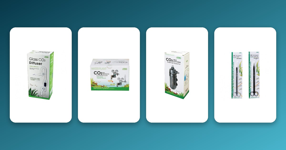 ISTA CO2 & Aquascaping Equipment Guide: What to Buy ISTA CO2 diffuser, controller, external reactor, and pro scissors on a teal-to-aqua gradient background