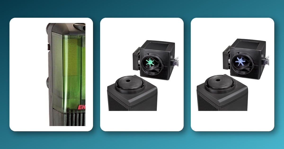 Internal Aquarium Filters Explained: How They Work & When to Choose One EHEIM Pick Up and Sicce Shark Pro internal aquarium filters on a teal gradient background