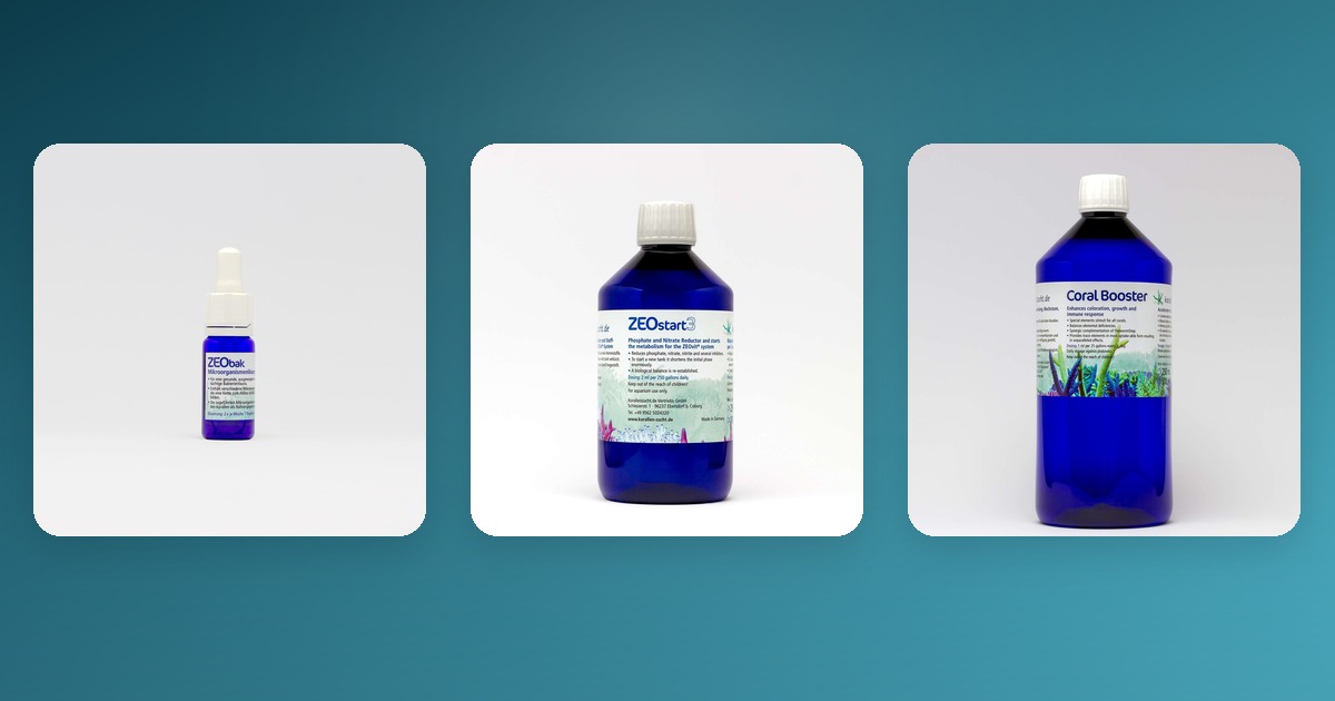 Korallen-Zucht ZEObak, ZEOstart 3, and Coral Booster on white cards against a teal-to-aqua gradient background