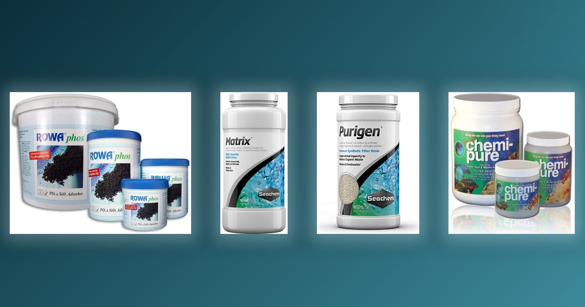 Rowaphos, Seachem Matrix, Seachem Purigen, and Chemipure filter media bottles arranged against a teal gradient background