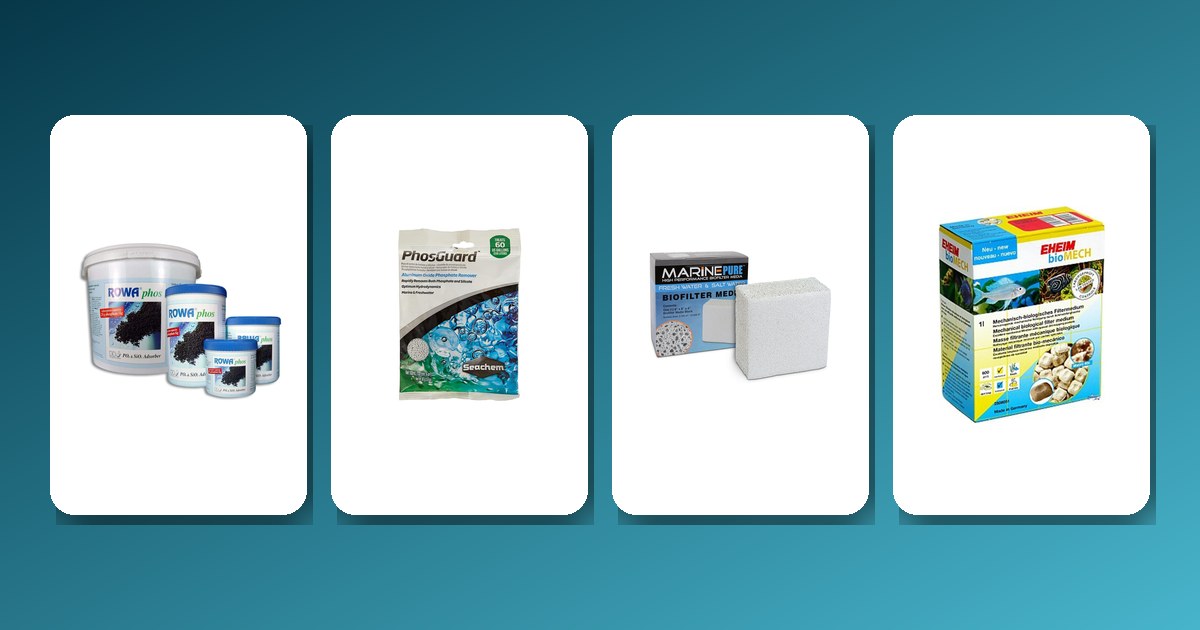 Marine Aquarium Filter Media Guide: Phosphate to Biomedia Marine aquarium filter media guide featured image showing Rowaphos, Seachem PhosGuard, CerMedia MarinePure Block, and EHEIM Bio Mech products