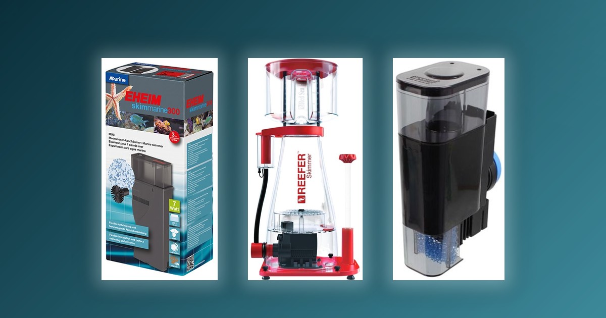 EHEIM Skim Marine, Red Sea Reefer Skimmer, and Tunze DOC Skimmer arranged against a teal gradient background