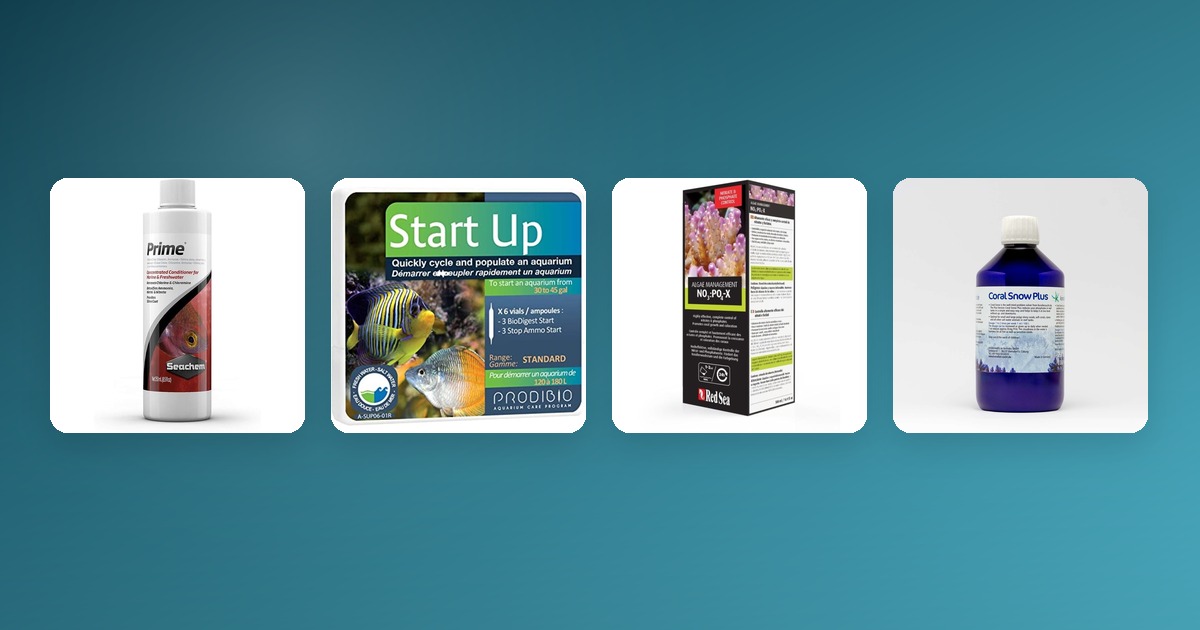 Seachem Prime, ProdiBio Start Up, Red Sea NO3:PO4-X, and Korallen-Zucht CoralSnow Plus on white cards against a teal-to-aqua gradient background