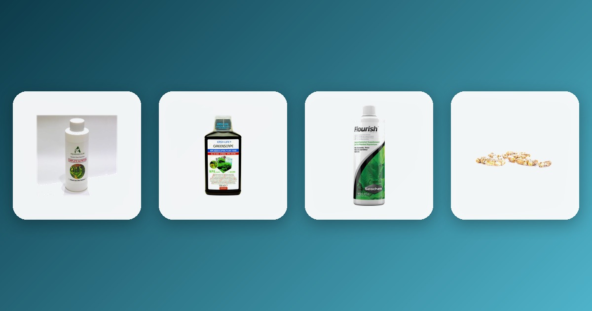 Planted aquarium fertilizer brands: Aquavascular Complete Nutrition, Easy Life GreenScape, Seachem Flourish, and Tropica Nutrition Capsules