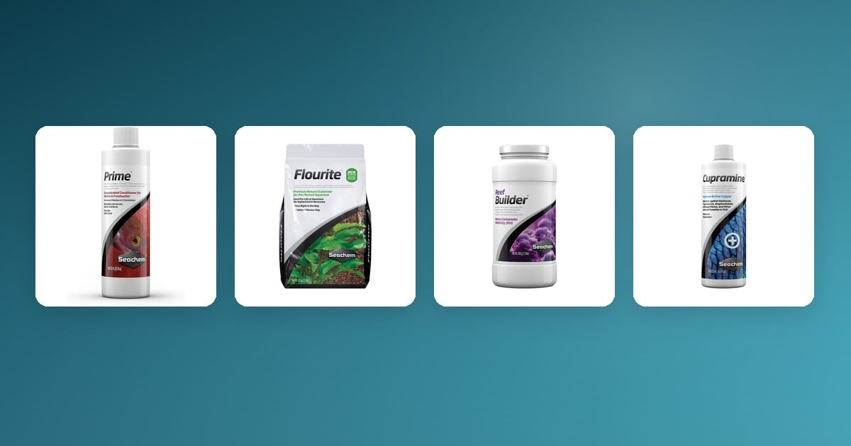 Seachem Prime, Flourite, Reef Builder, and Cupramine on white cards against a teal-to-aqua gradient background