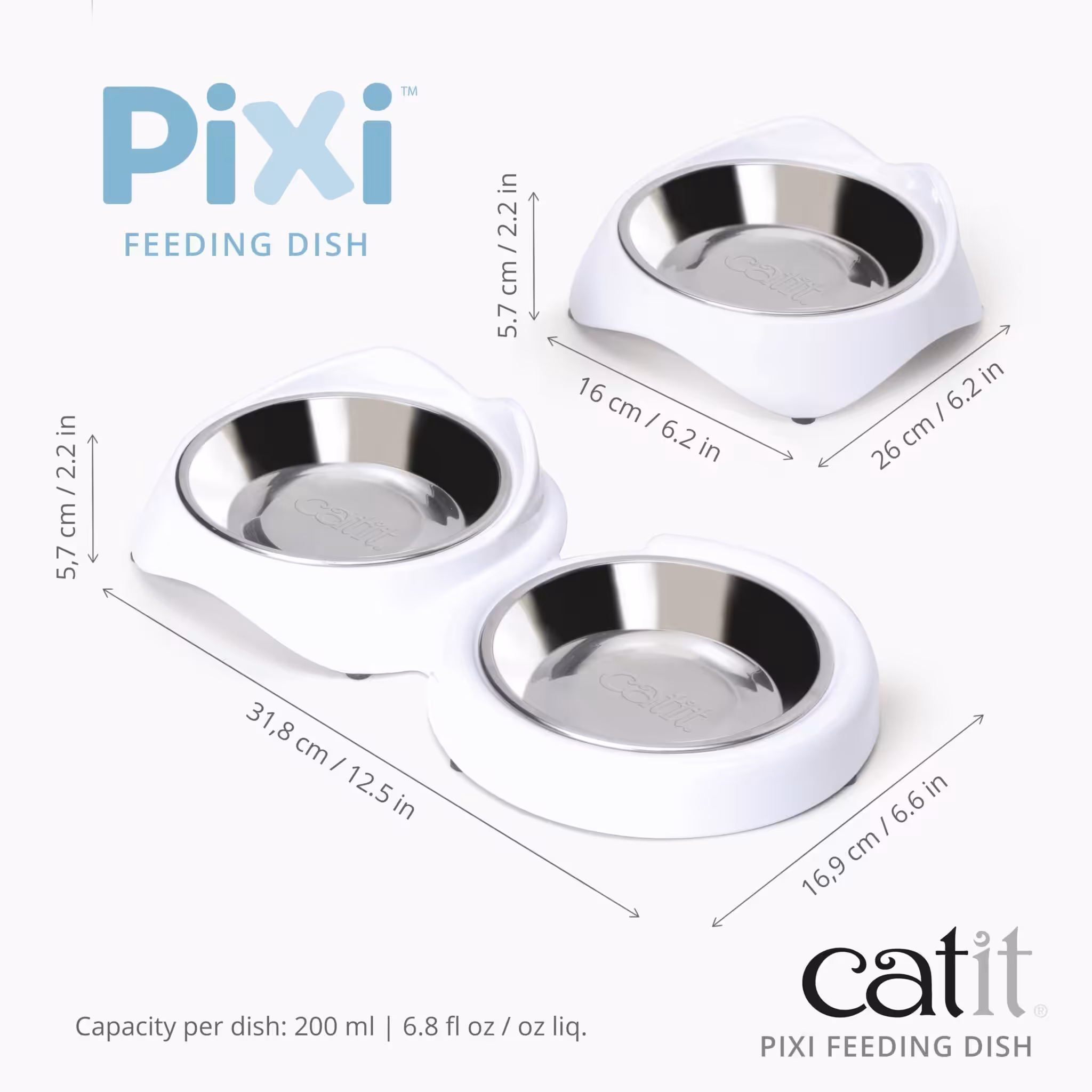 Catit PIXI Double Feeding Dish Whisker Stress Free Food & Water Cat Bowl